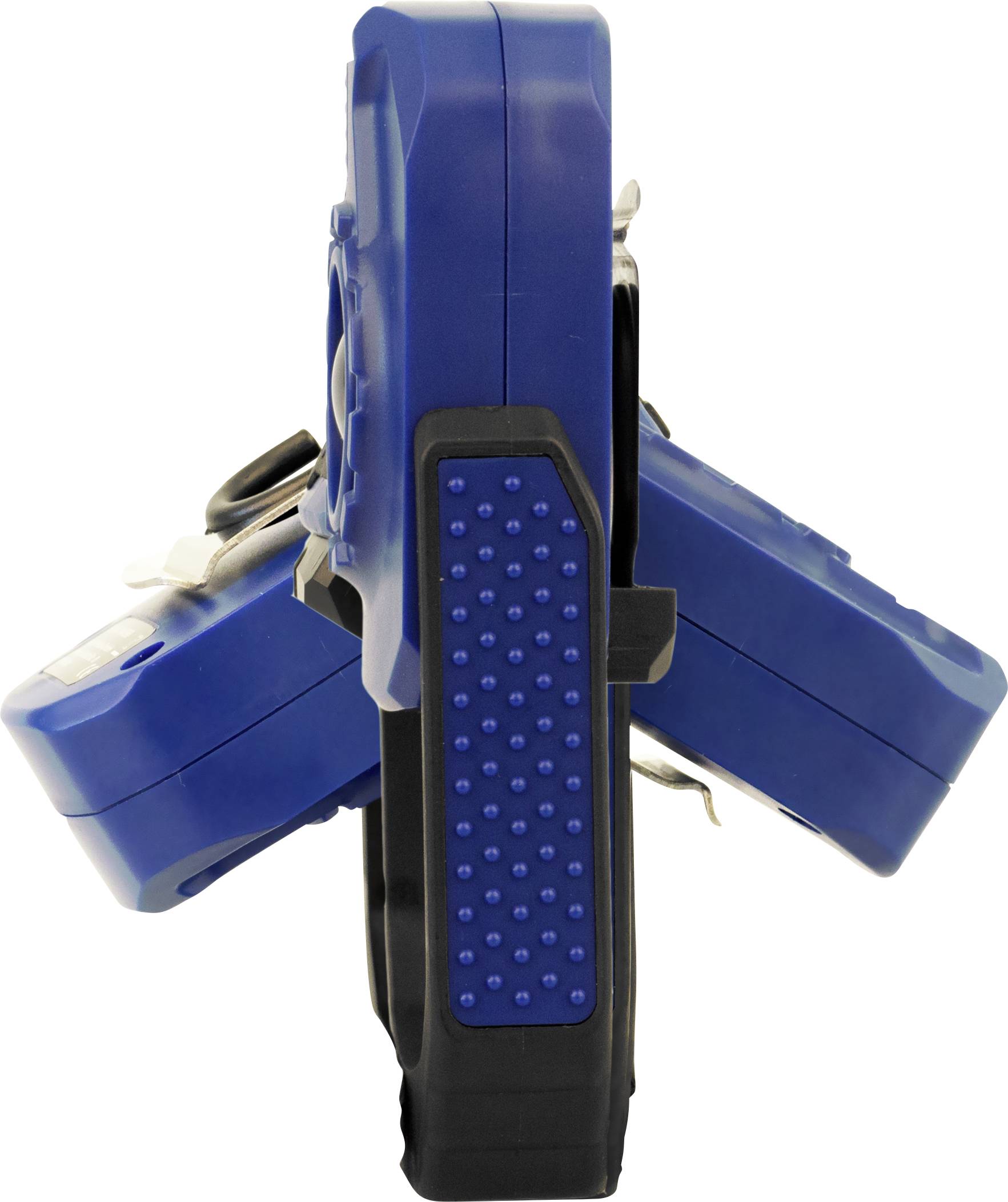 Ein blauer Werkzeugkasten mit schwarzem Griff und rutschfestem Muster an der Seite, von der Seite in leicht geöffneter Position gesehen.