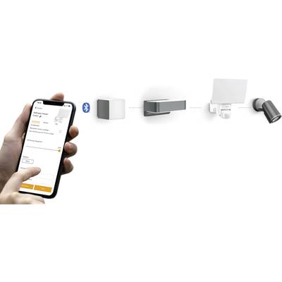 Person hält Smartphone mit App zur Steuerung von vier verschiedenen smarten Leuchten über Bluetooth.