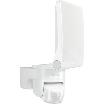 Eine weiße Außenleuchte mit integriertem Bewegungsmelder, modern und minimalistisch gestaltet, ideal für Hausfassaden.