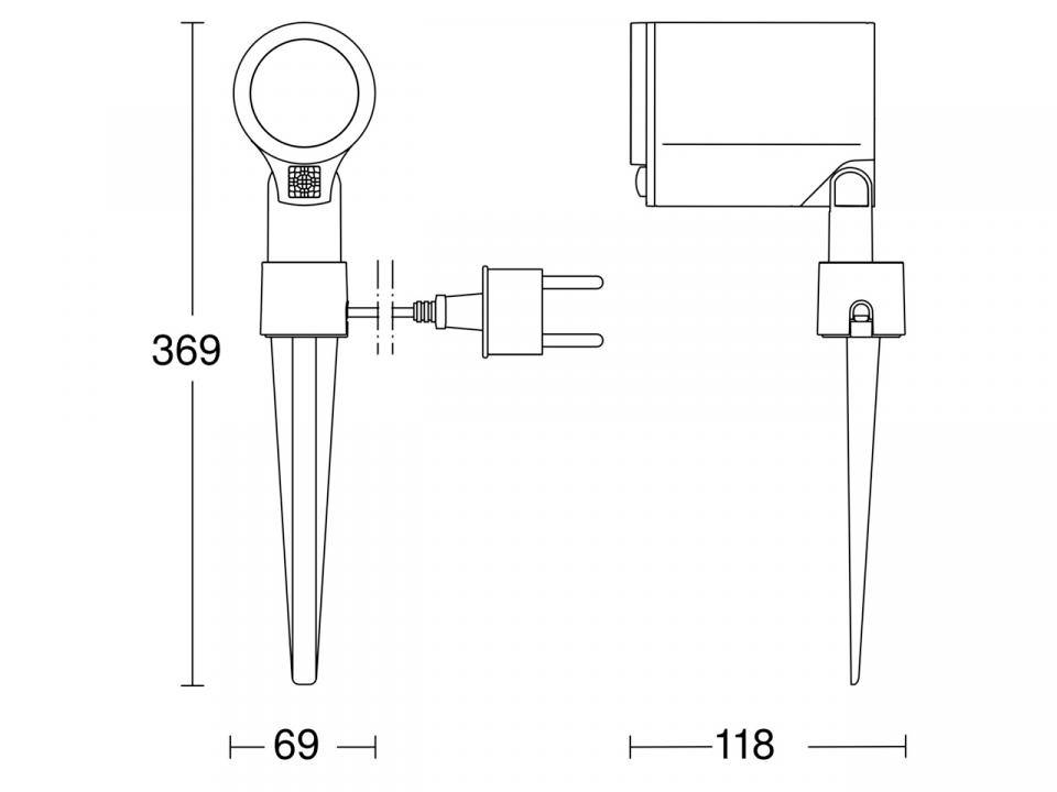 Technische Zeichnung einer rechteckigen Lampe mit Erdspieß und einer Gesamthöhe von 369 mm. Breite: 69 mm; Tiefe: 118 mm.