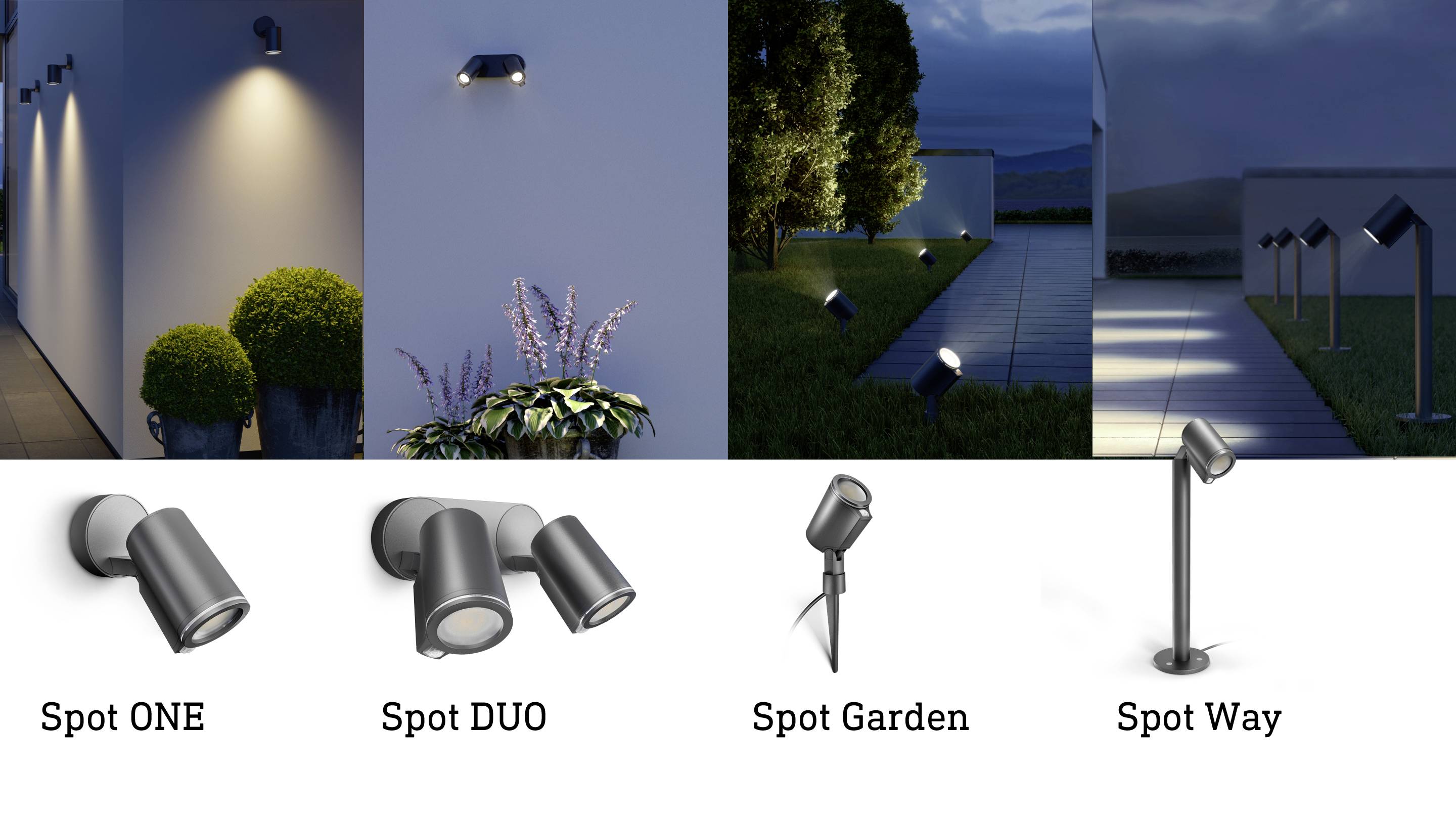 Die Abbildung zeigt vier verschiedene Außenleuchten: Spot ONE, Spot DUO, Spot Garden und Spot Way, jeweils in abendlicher Gartenszene.
