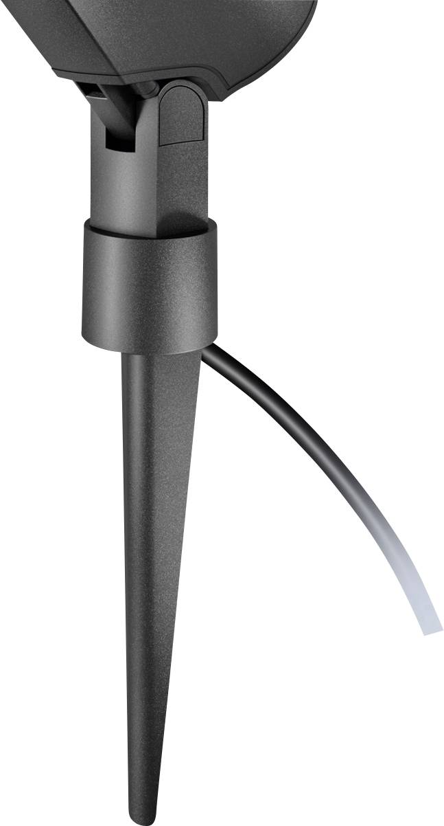 Ein schwarzer Ständer mit einem stabförmigen Fuß, der ein dünnes Kabel führt, vermutlich für ein elektronisches Gerät.