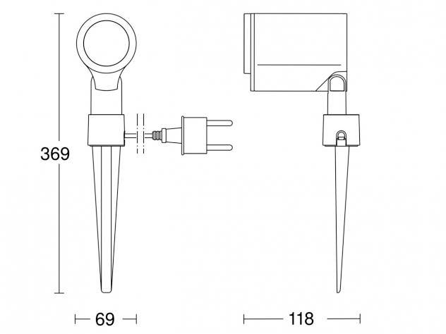Diagramm eines Elektrogeräts mit Erdspieß und Stecker. Maßangaben: Höhe 369 mm, Breite 69 mm vorne, 118 mm seitlich.