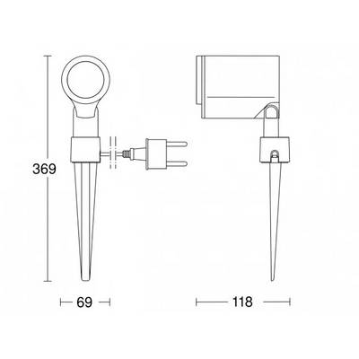 Diagramm eines Elektrogeräts mit Erdspieß und Stecker. Maßangaben: Höhe 369 mm, Breite 69 mm vorne, 118 mm seitlich.