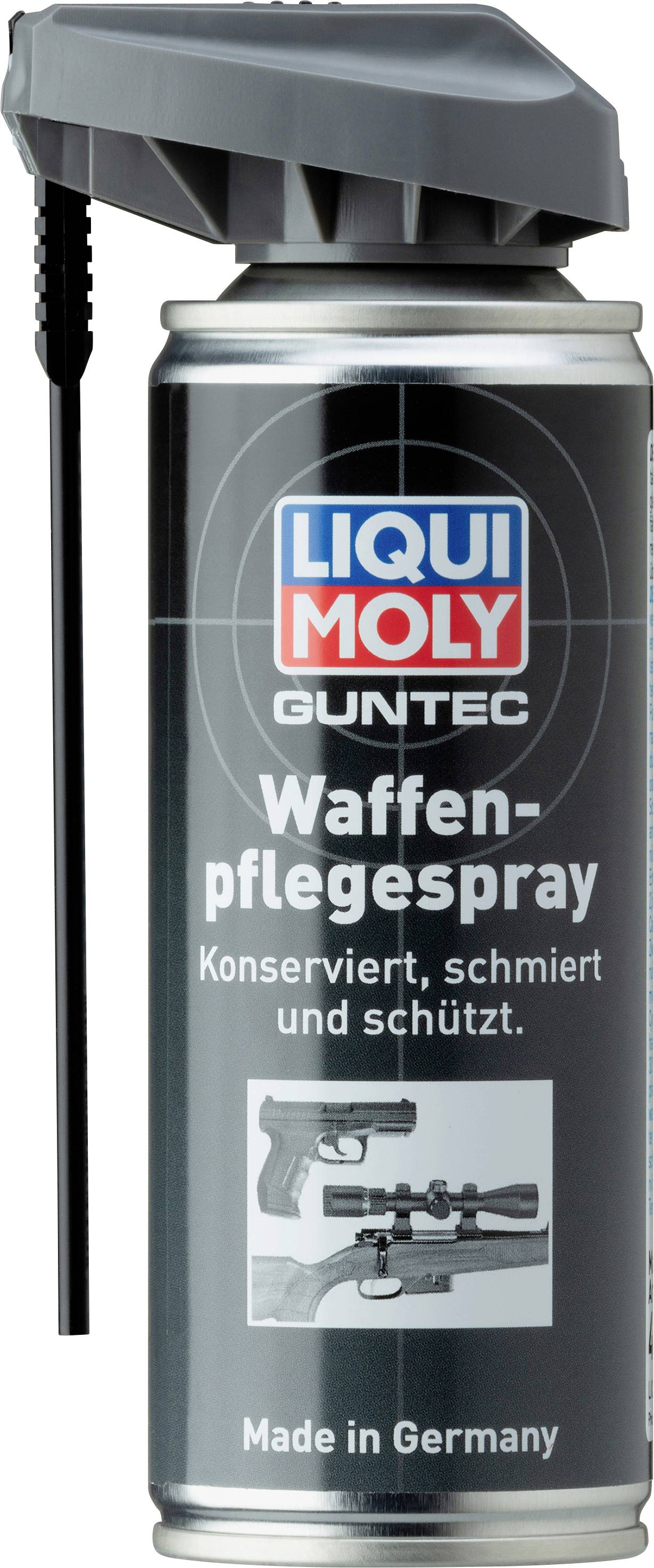 Spraydose 'LIQUI MOLY Guntec Waffenpflegespray' mit Auslöseventil; Text: 'Konserviert, schmiert und schützt. Made in Germany'; Bild von Waffen.