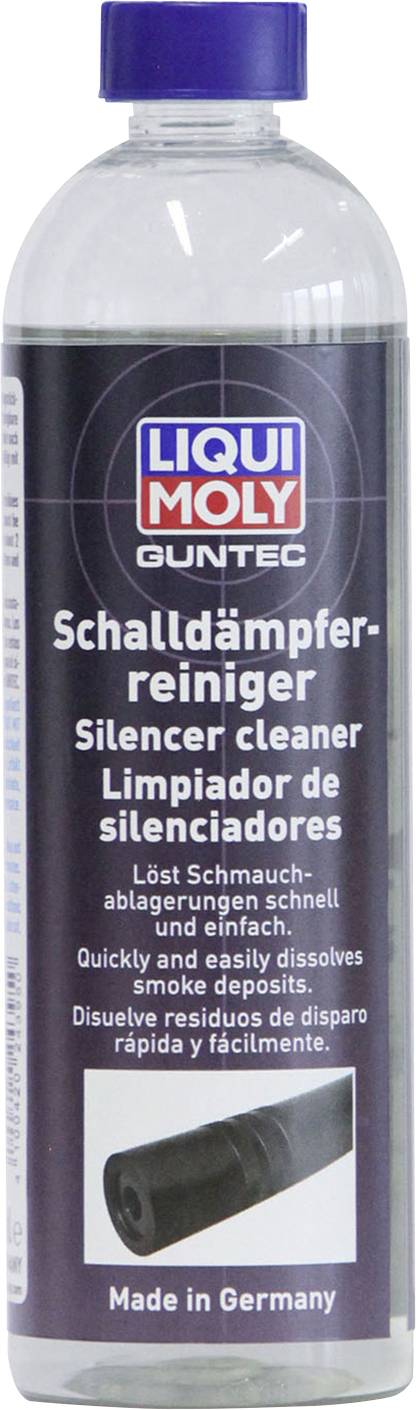 Flasche Liqui Moly Schalldämpferreiniger, entfernt schnell Rußablagerungen. Schwarzes Etikett mit mehrsprachigem Text. "Made in Germany".