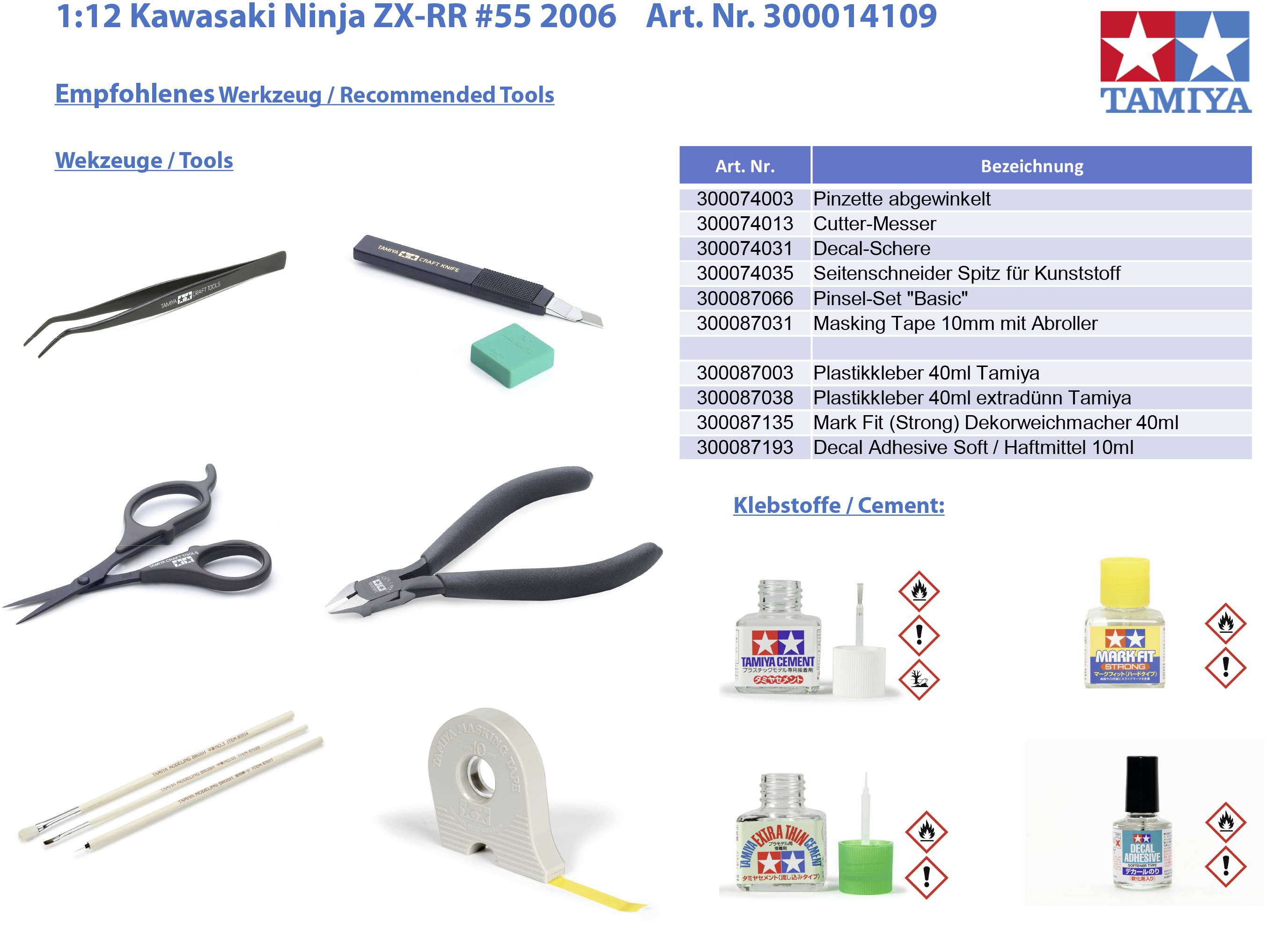 Werkzeuge und Klebstoffe für Modellbau: Pinzette, Cutter-Messer, Zange, mit Tamiya-Klebstoff und Decal-Set für Kawasaki Ninja ZX-RR Modell.