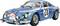 Ein blauer Oldtimer-Sportwagen mit der Startnummer 28 und Rallye-Aufklebern, geparkt in Frontalansicht.