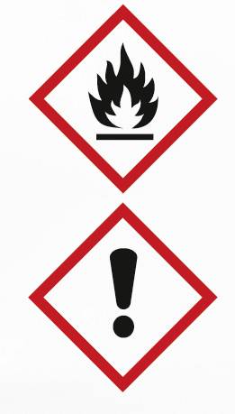 'Gefahrstoffsymbole: Oben Flamme für entzündbare Stoffe, unten Ausrufezeichen für gesundheitliche Gefahren.'