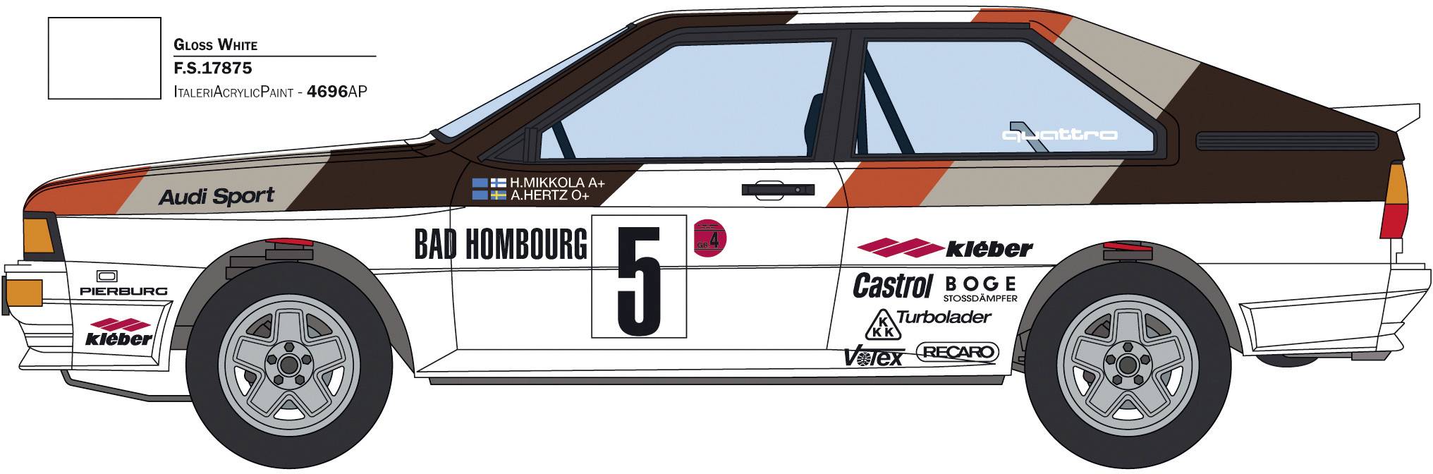 Das Bild zeigt ein Rallye-Auto von Audi Sport im Profil mit der Startnummer 5. Sponsorenlogos, darunter Castrol und Kiefer, sind sichtbar.