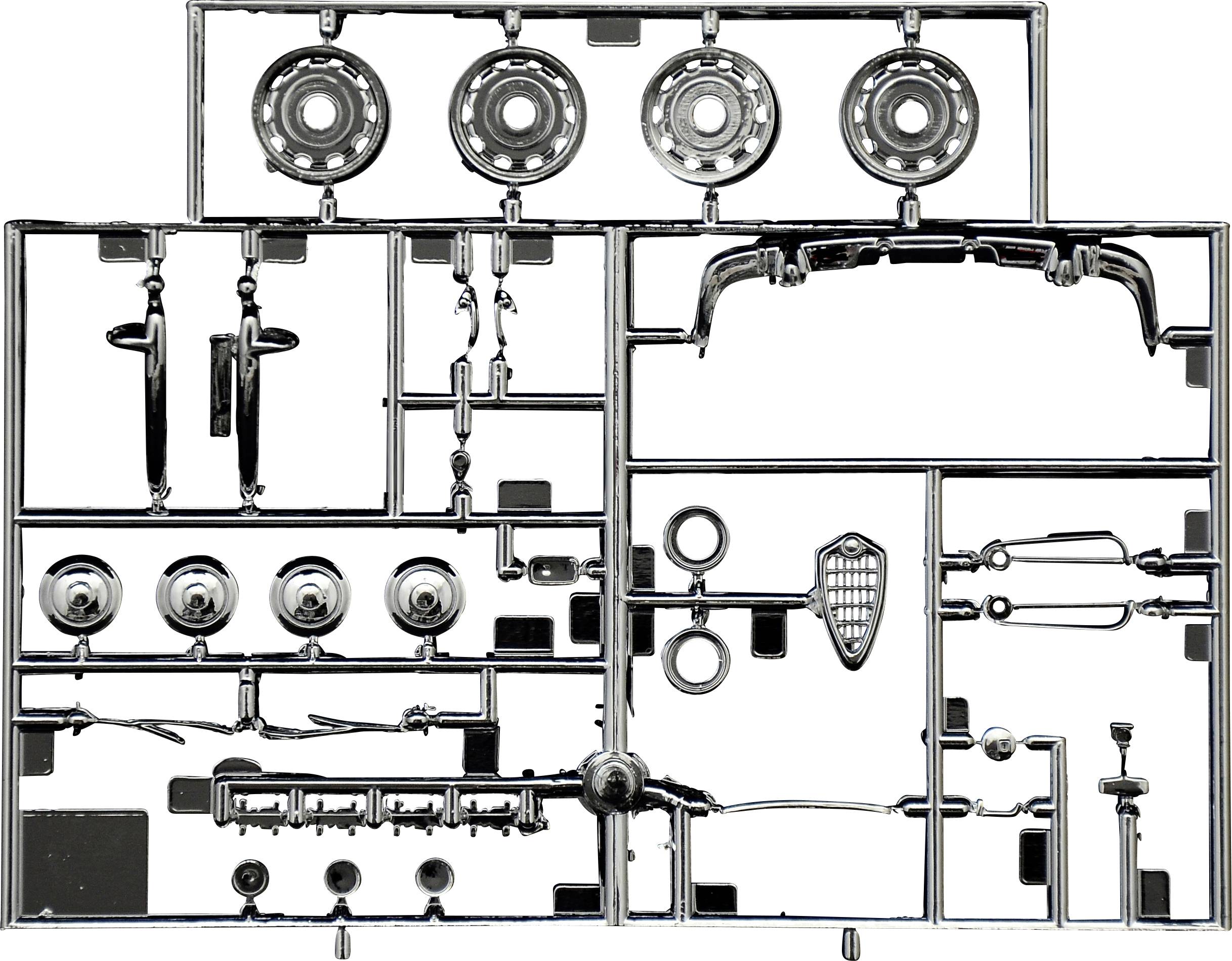 Bauteile eines Modellautos auf einem Gussrahmen, darunter Räder, Chassis-Teile und Armaturen, zur Montage eines detaillierten Modells.