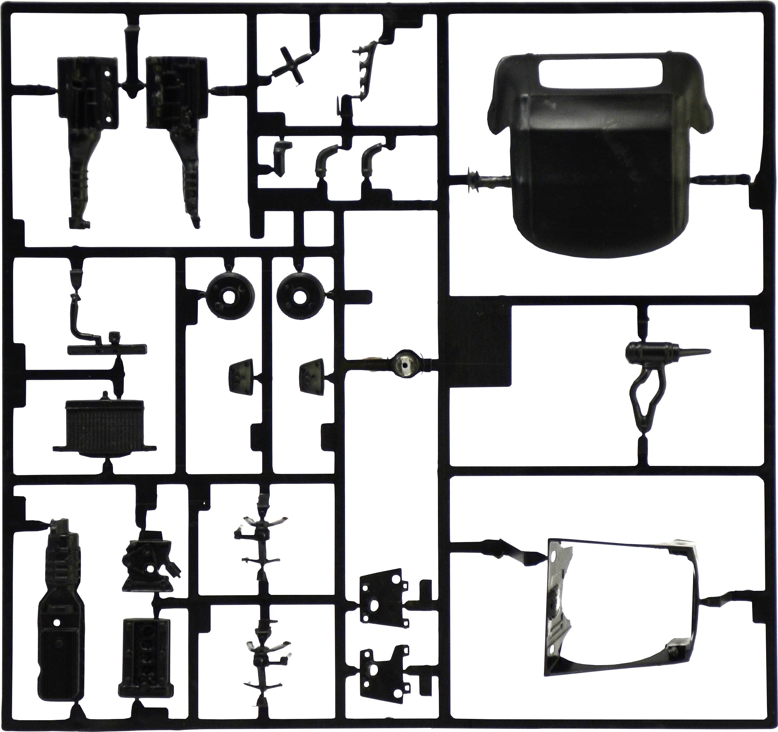 Ein Plastikmodellbausatz mit verschiedenen Bauteilen in Fächer unterteilt, darunter Räder, Karosserieteile und Motorteile.