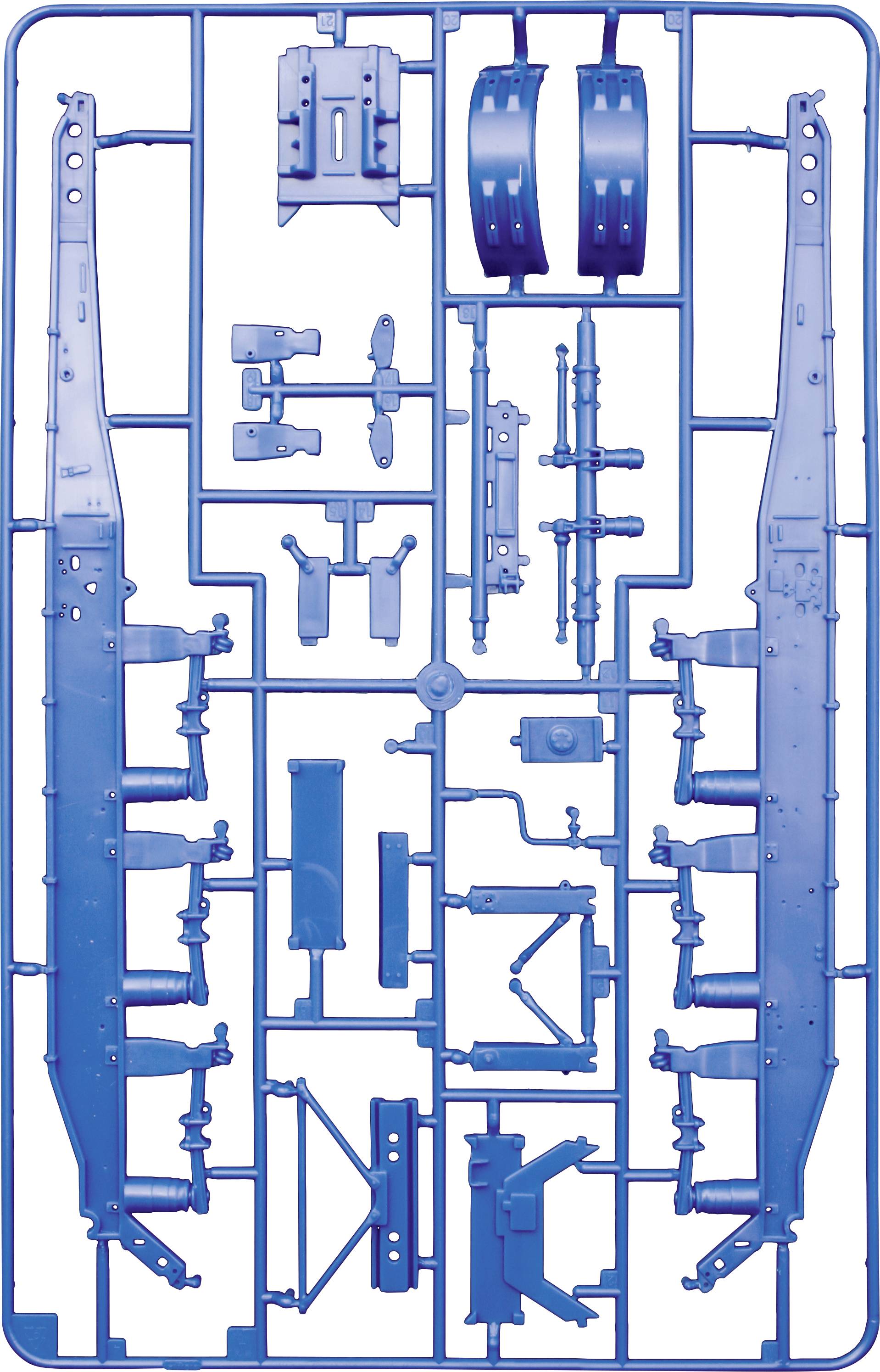 Bausatzteilbild eines blauen Kunststoffmodells mit verschiedenen Komponenten, die auf einem Rahmen für den Zusammenbau befestigt sind.