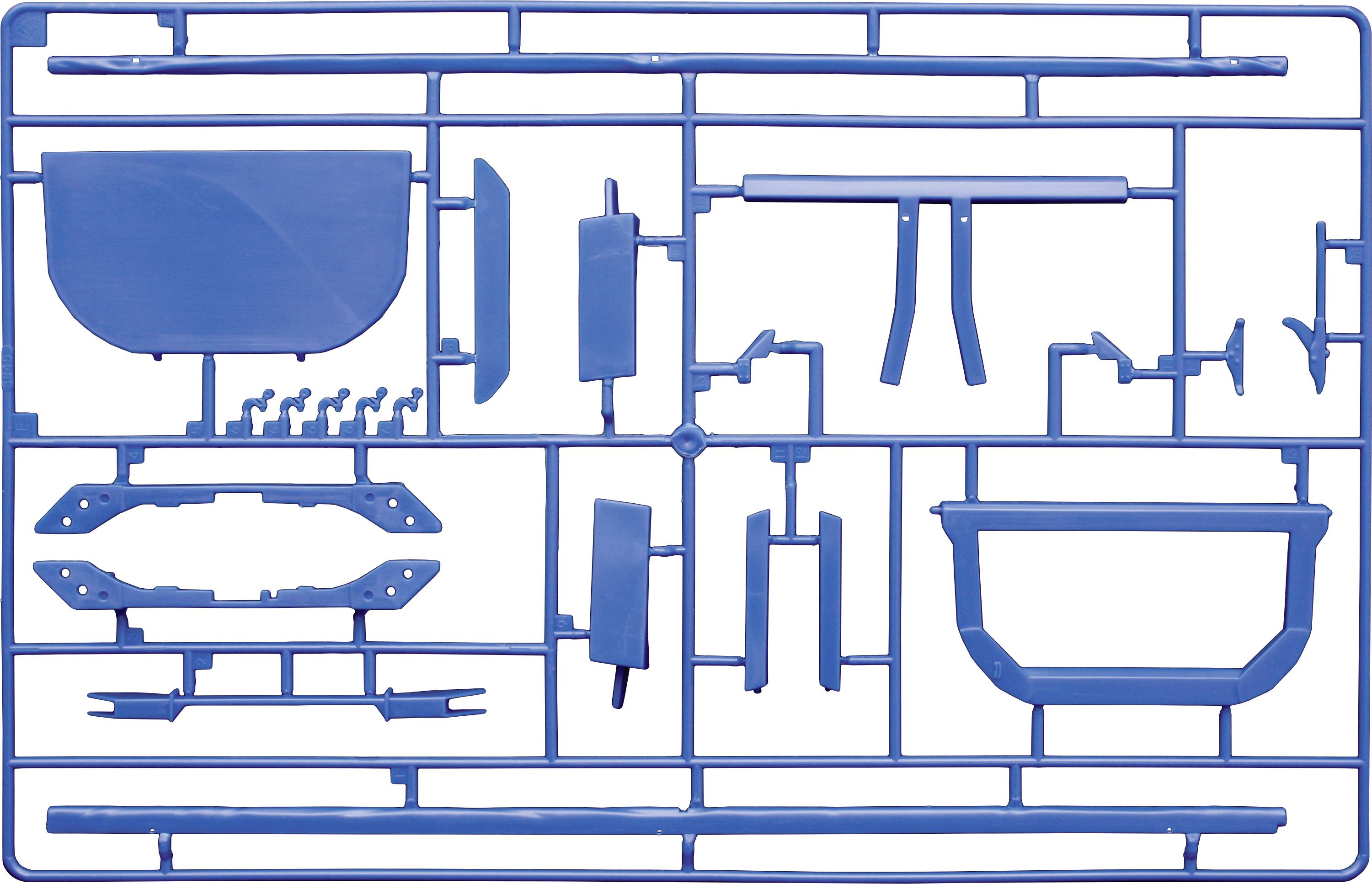 Ein blauer Plastikbausatzrahmen mit verschiedenen Bauteilen. Die Teile sind für ein Modellbauprojekt gedacht und müssen herausgelöst werden.