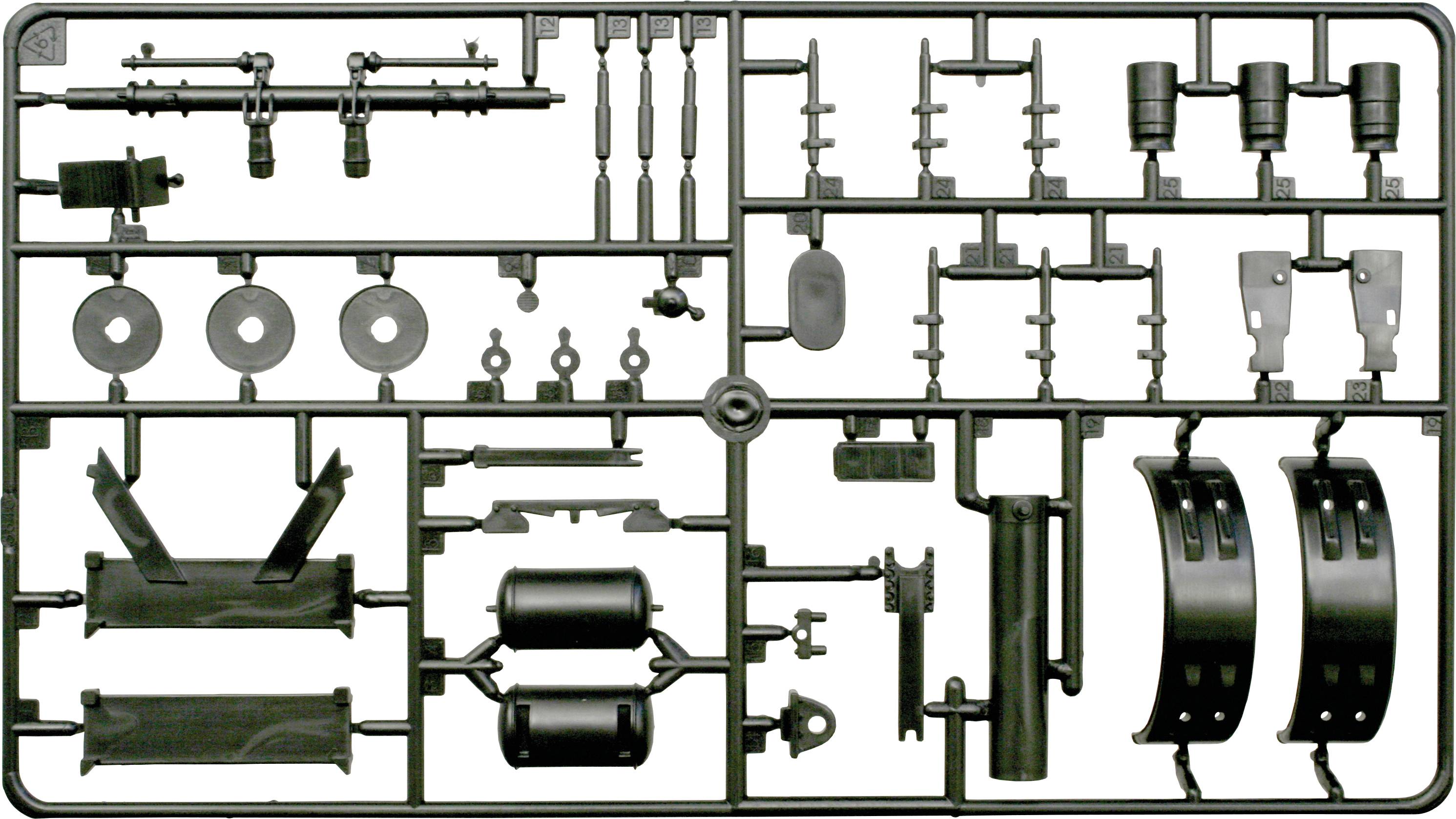 Bauteilrahmen eines Modellbausatzes mit mehreren kleinen Kunststoffteilen, die zusammengebaut werden können.