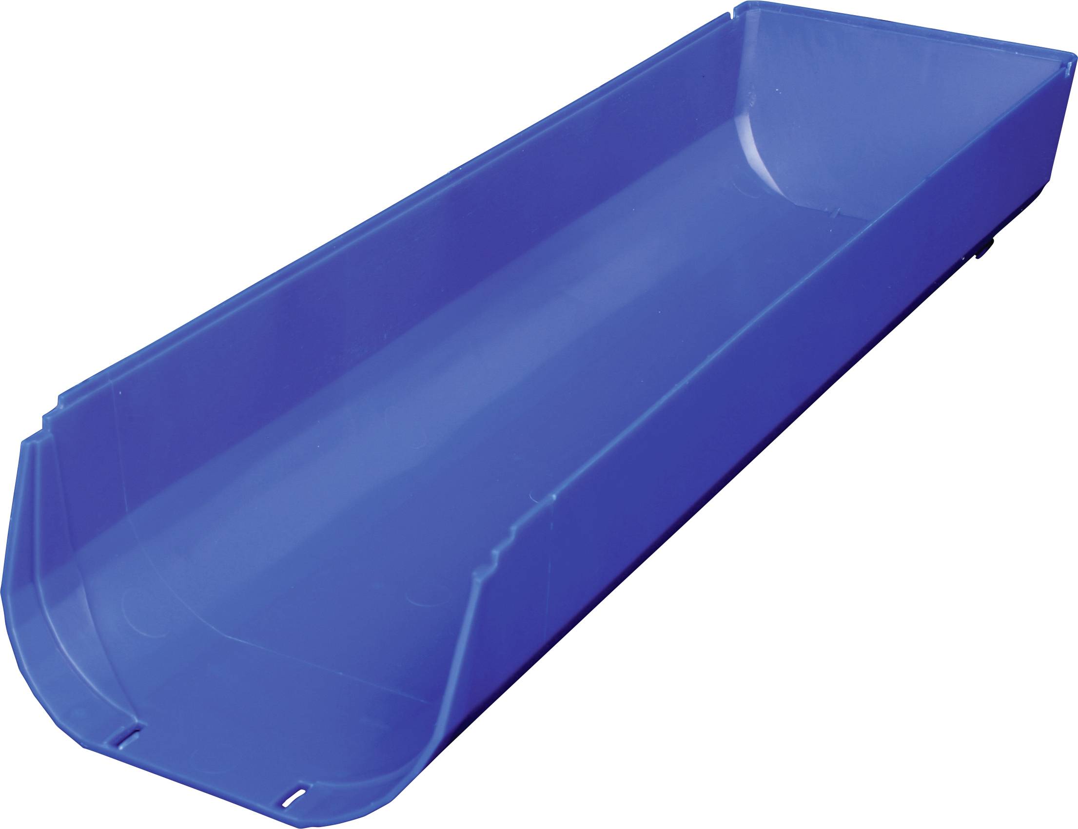 Ein langer, blauer Kunststofftrog, der oben offen ist und zur Lagerung oder zum Transport von Materialien verwendet werden könnte.