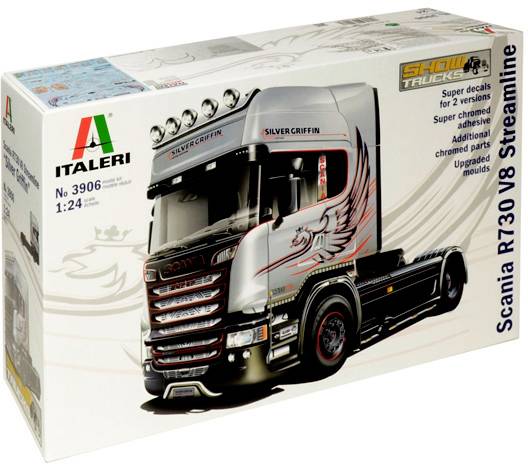 Schachtel mit Modellbausatz eines Scania R730 V8 Streamline Trucks. Enthält Aufkleber und Chromteile. Nummer: 3906, Maßstab 1:24.