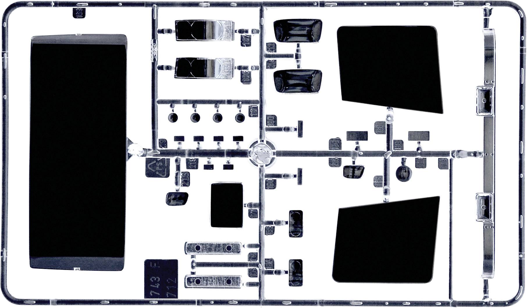 Ein Smartphone-Teilesatz in einer Form präsentiert verschiedene Komponenten eines Smartphones organisiert auf einer einzigen Platte.