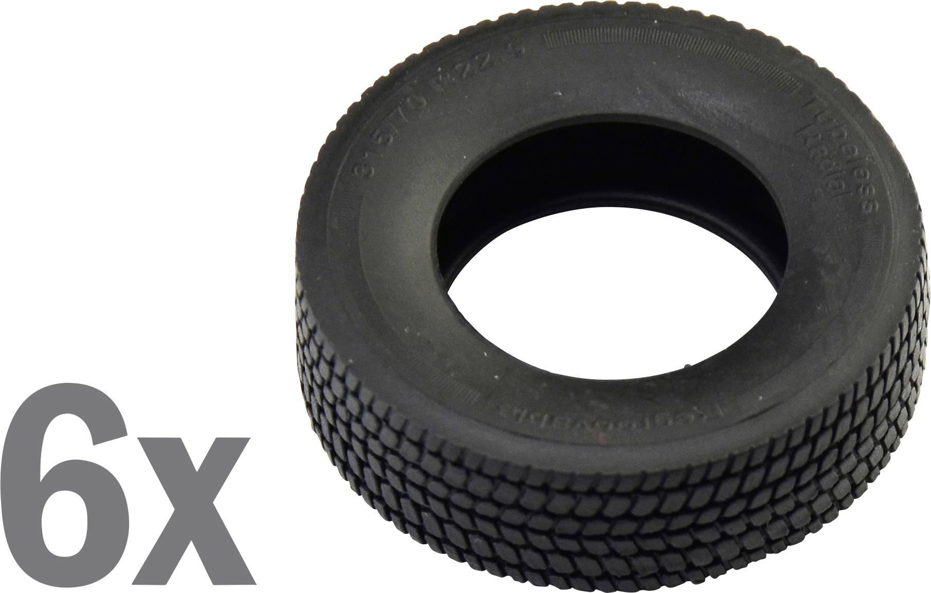 Schwarzer Modellauto-Reifen, in Großaufnahme abgebildet. Links unten steht '6x', was die Anzahl der Reifen angibt.
