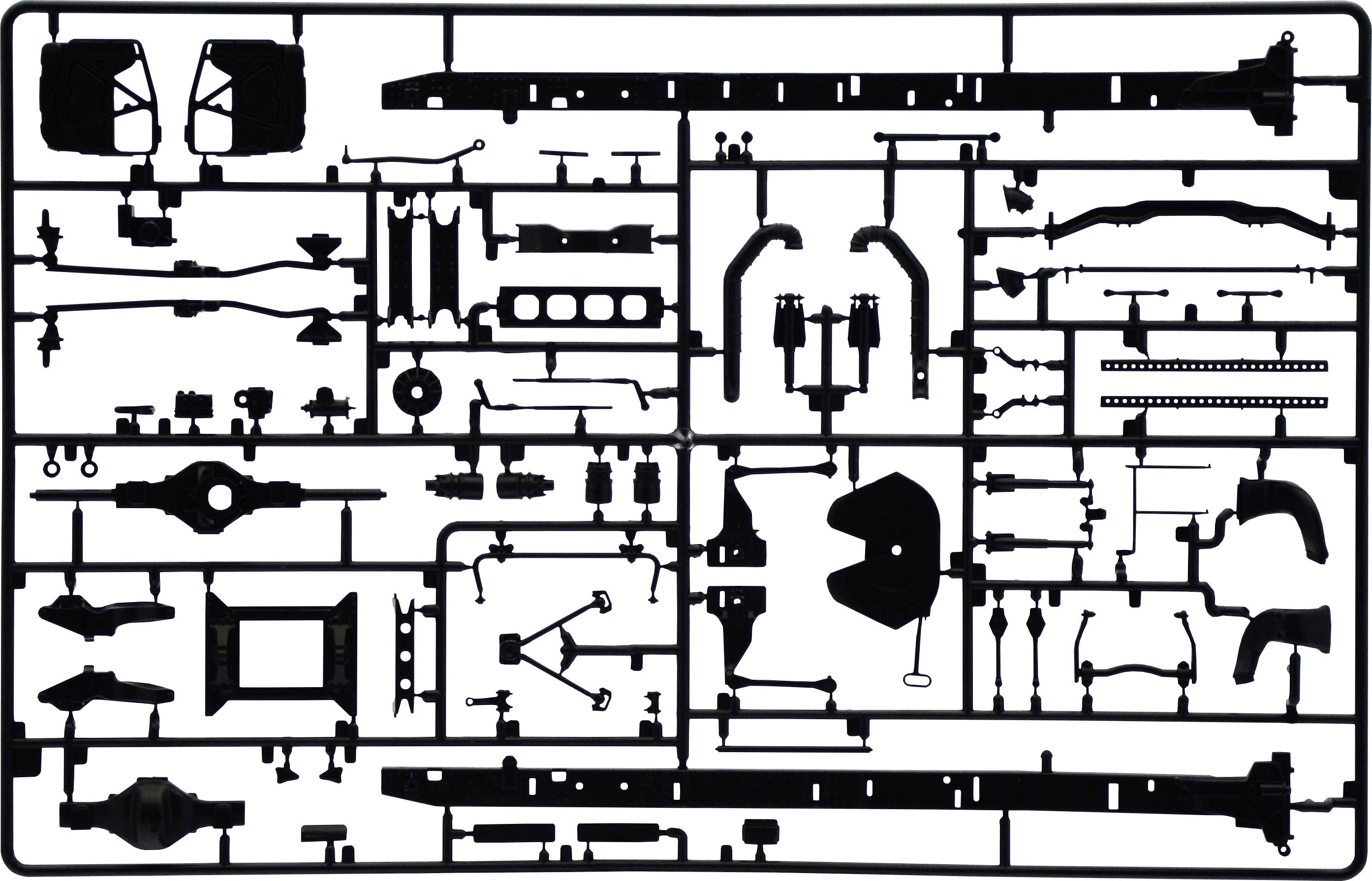 Eine Kunststoff-Gussform enthält verschiedene Bauteile für den Modellbau. Die Teile umfassen Räder, Achsen und mechanische Armaturen.