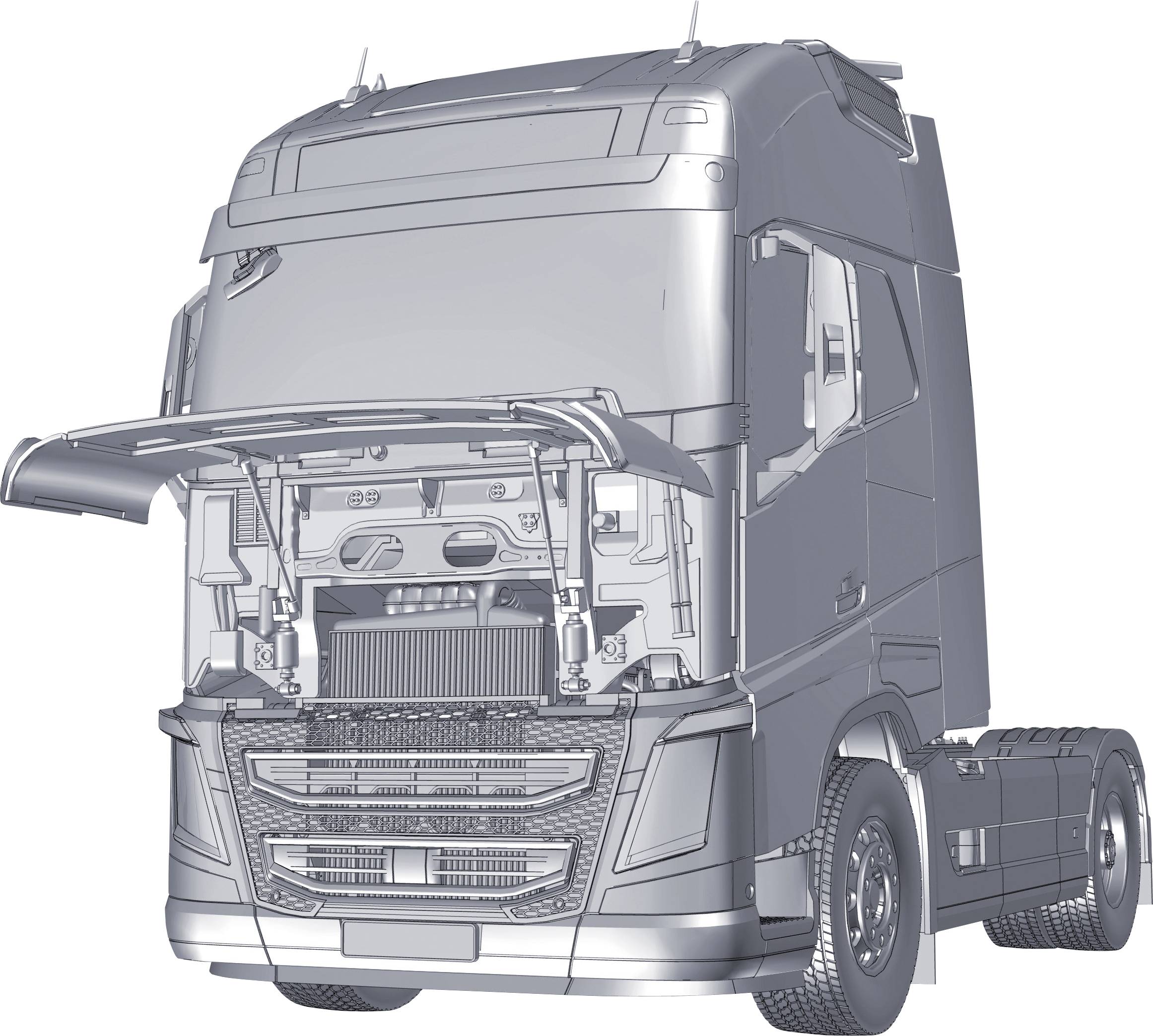 LKW-Modell mit geöffneter Motorhaube zeigt detaillierte Darstellung des Motors und vorderer Bauteile.