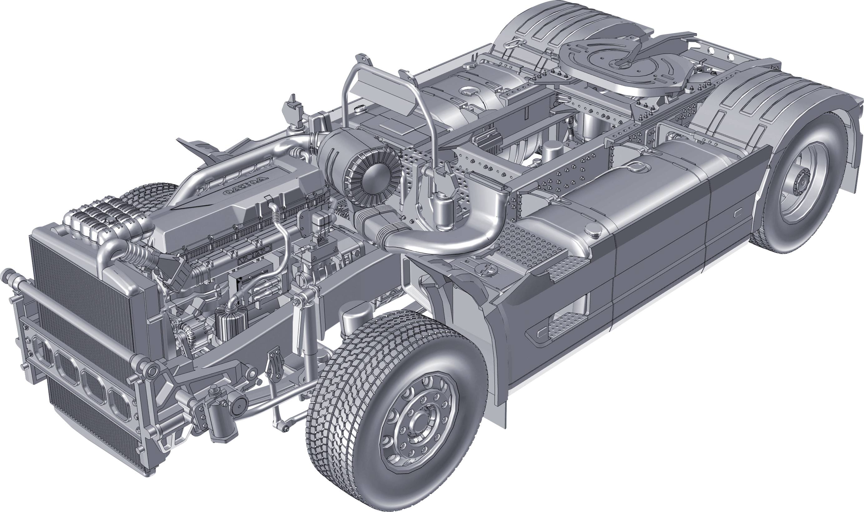 Gezeichneter Lkw-Rahmen ohne Karosserie mit sichtbarem Motor, Achsen und Kraftstofftanks; zeigt technisches Innenleben.