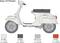 'Abbildung einer Vespa 125 Primavera von der Seite. Die Grafik zeigt verfügbare Farben: Gloss White, Flat Rubber, Metal Flat Steel und Gloss Red.'