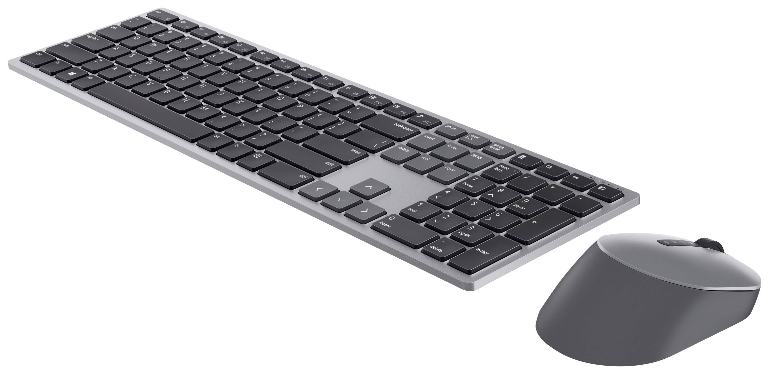 Schwarze kabellose Tastatur und graue kabellose Maus auf weißem Hintergrund, beide schlank und modern gestaltet.