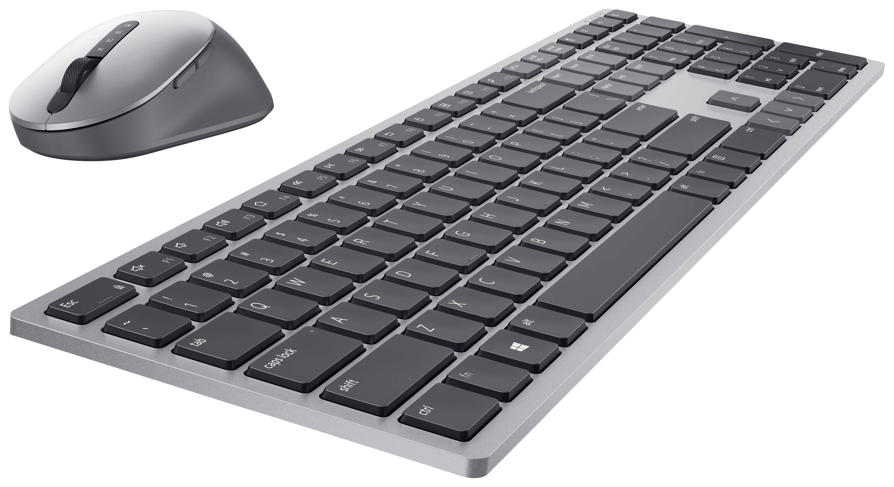 Kabellose Tastatur mit schwarzen Tasten und grauem Gehäuse, begleitet von einer grauen Maus. Ideal für Büroarbeiten und PC-Benutzung.