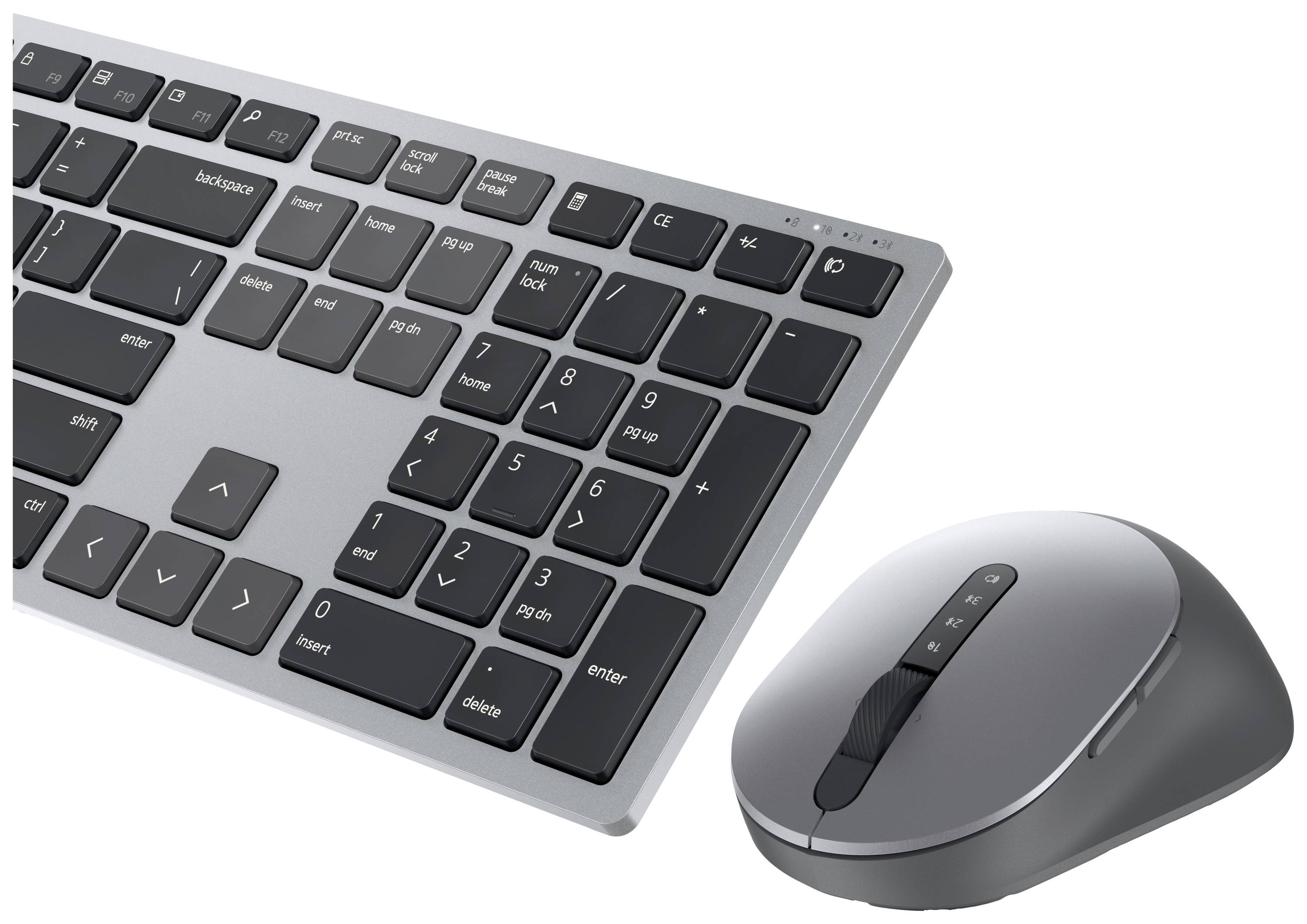 Kabellose Tastatur und Maus in Grau und Schwarz, Tastatur mit Nummernblock, Maustasten sind sichtbar.
