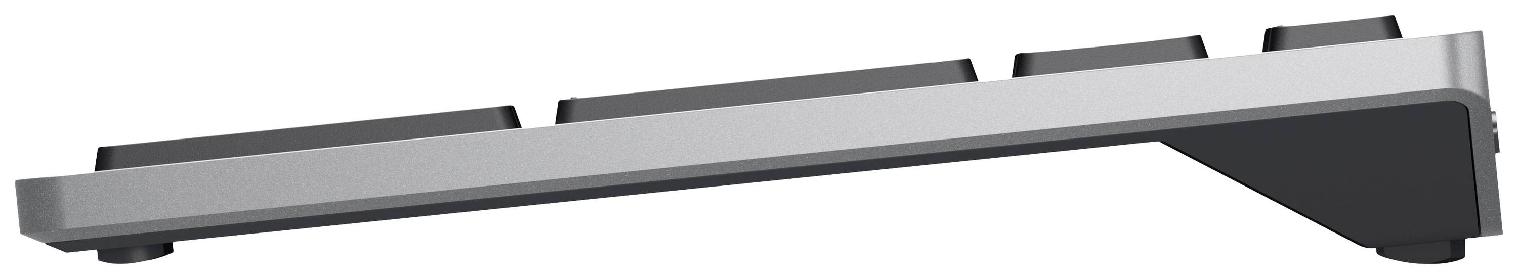 Flache, geneigte Tastatur mit schwarzem Tastenfeld und silbernem Rahmen, zur ergonomischen Nutzung gestaltet.