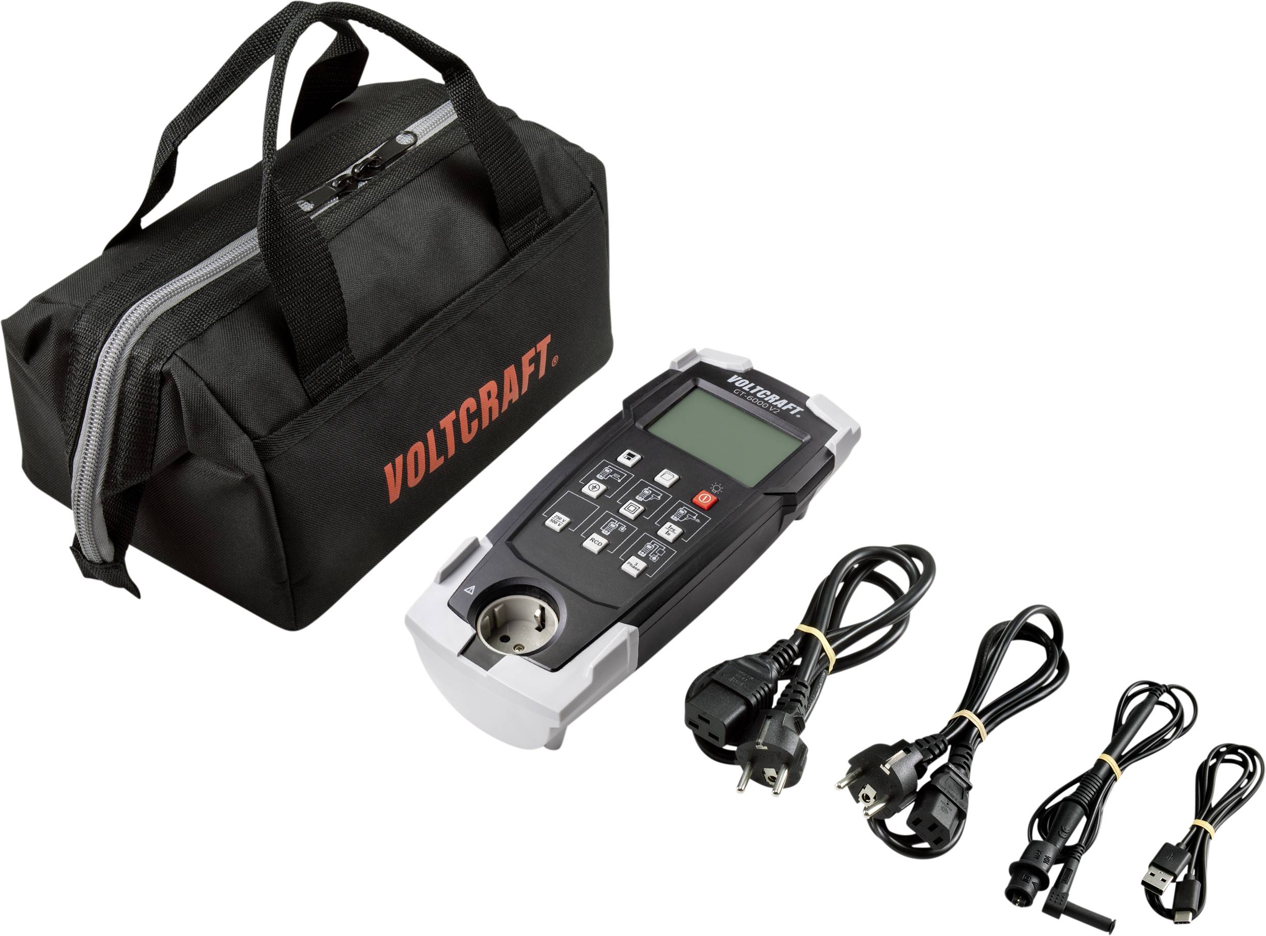 Ein Stromprüfgerät mit digitalem Display, umgeben von mehreren Kabeln und einer schwarzen Tasche mit Aufschrift 'VOLTCRAFT'.