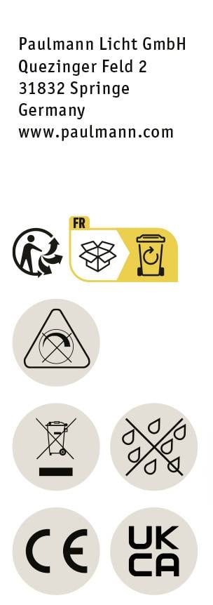 'Paulmann Licht GmbH, Quezinger Feld 2, 31832 Springe, Germany, www.paulmann.com' mit Symbolen für Entsorgung und Zertifizierungen.
