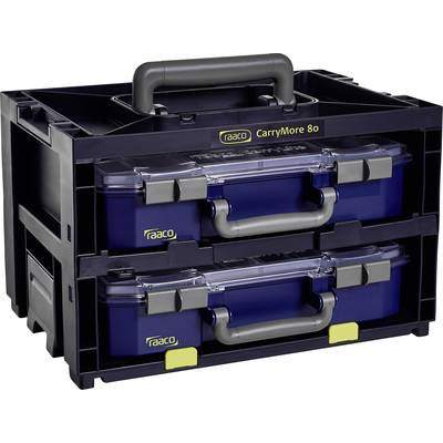'Raaco CarryMore 80' Werkzeugkoffer-System mit schwarzem Rahmen und zwei blauen, durchsichtigen Boxen mit Tragegriffen.