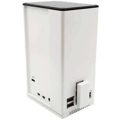 Ein weißer, rechteckiger Netzwerkserver mit mehreren Anschlussmöglichkeiten auf der Rückseite, einschließlich USB-Ports und Netzwerkkabelanschluss.