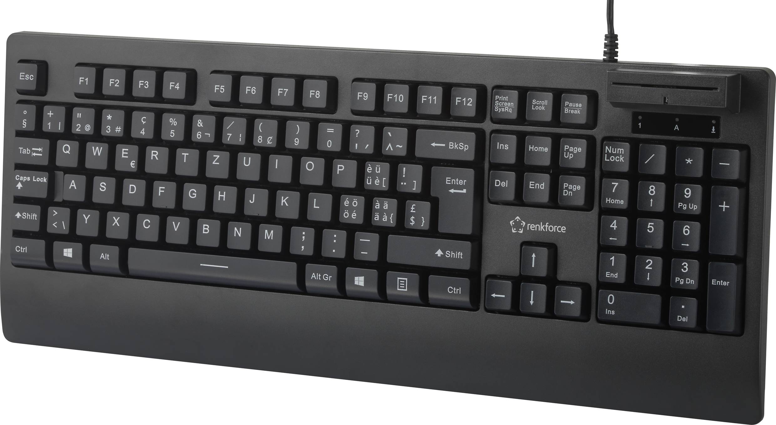Schwarze kabelgebundene QWERTZ-Tastatur mit nummerischem Tastenfeld und Funktionstastenreihe für den Einsatz am Computer.