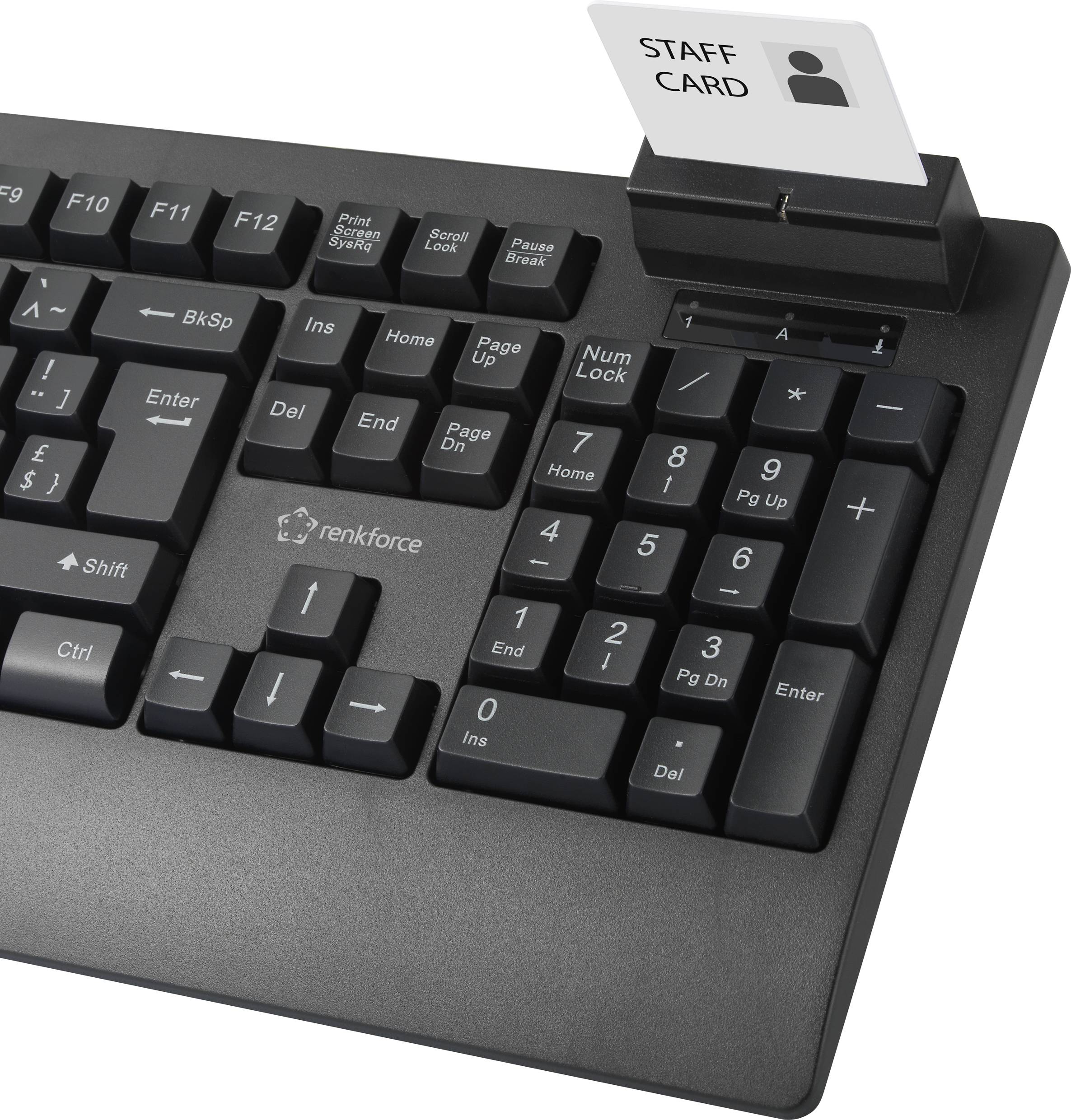 Schwarze Computer-Tastatur mit numerischem Tastenfeld; oben rechts ein Lesegerät mit einer eingesteckten 'STAFF CARD'.
