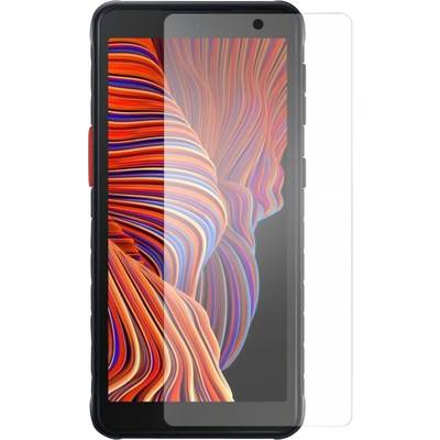 Smartphone mit farbenfrohem und abstraktem Bildschirmhintergrund. Das Gerät hat eine schwarze Umrandung und einen roten Knopf.