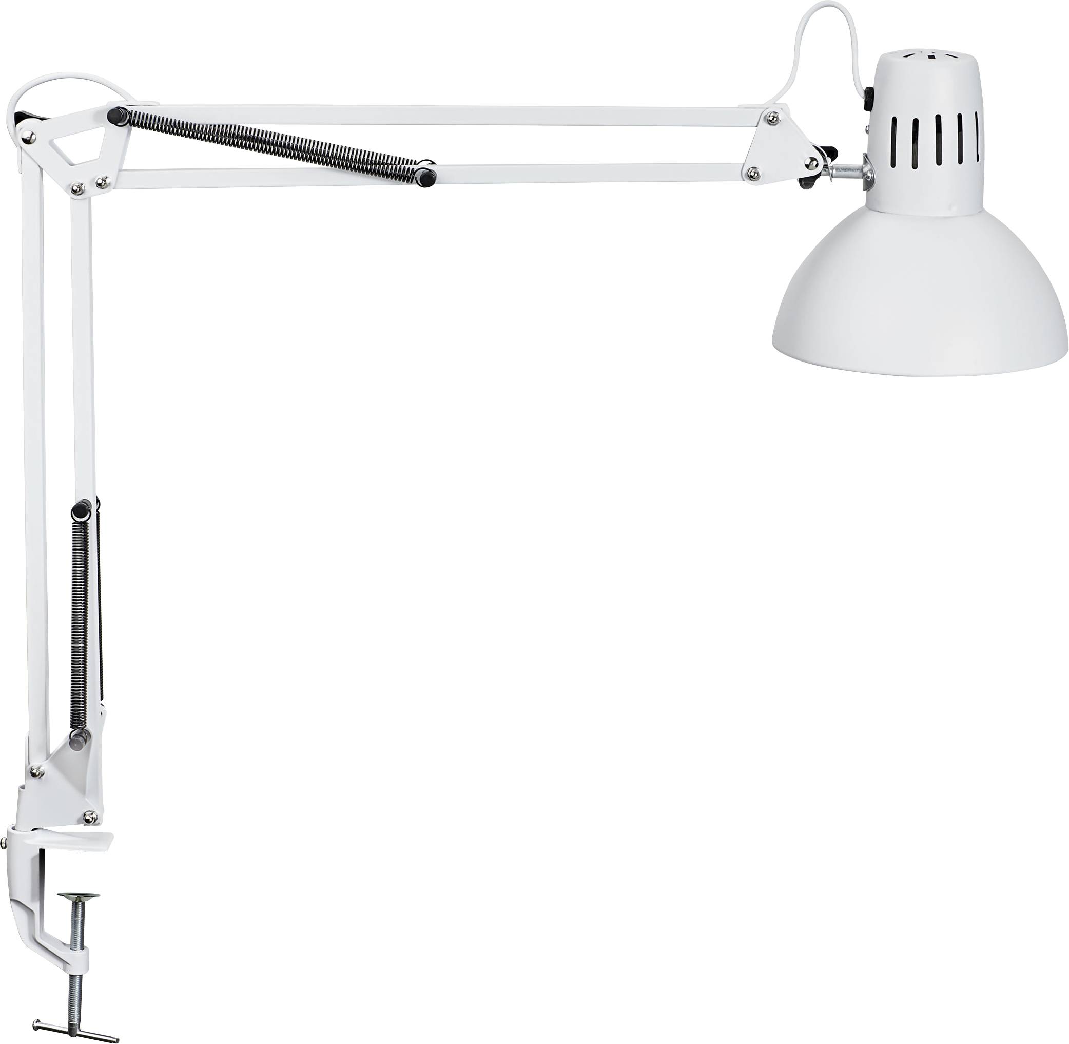 Weiße Schreibtischlampe mit verstellbarem Arm und Lampenschirm, an Tischkante befestigt, ideal für gezielte Beleuchtung.