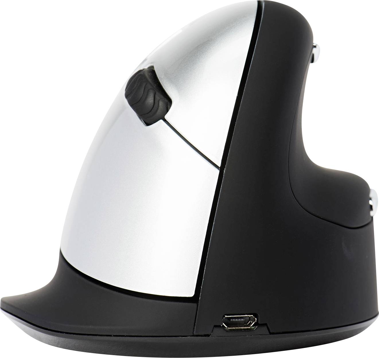 Vertikale, ergonomische Computermaus in Silber und Schwarz, seitliche Ansicht. Sie bietet eine alternative Handposition zur Unterstützung des Handgelenks.