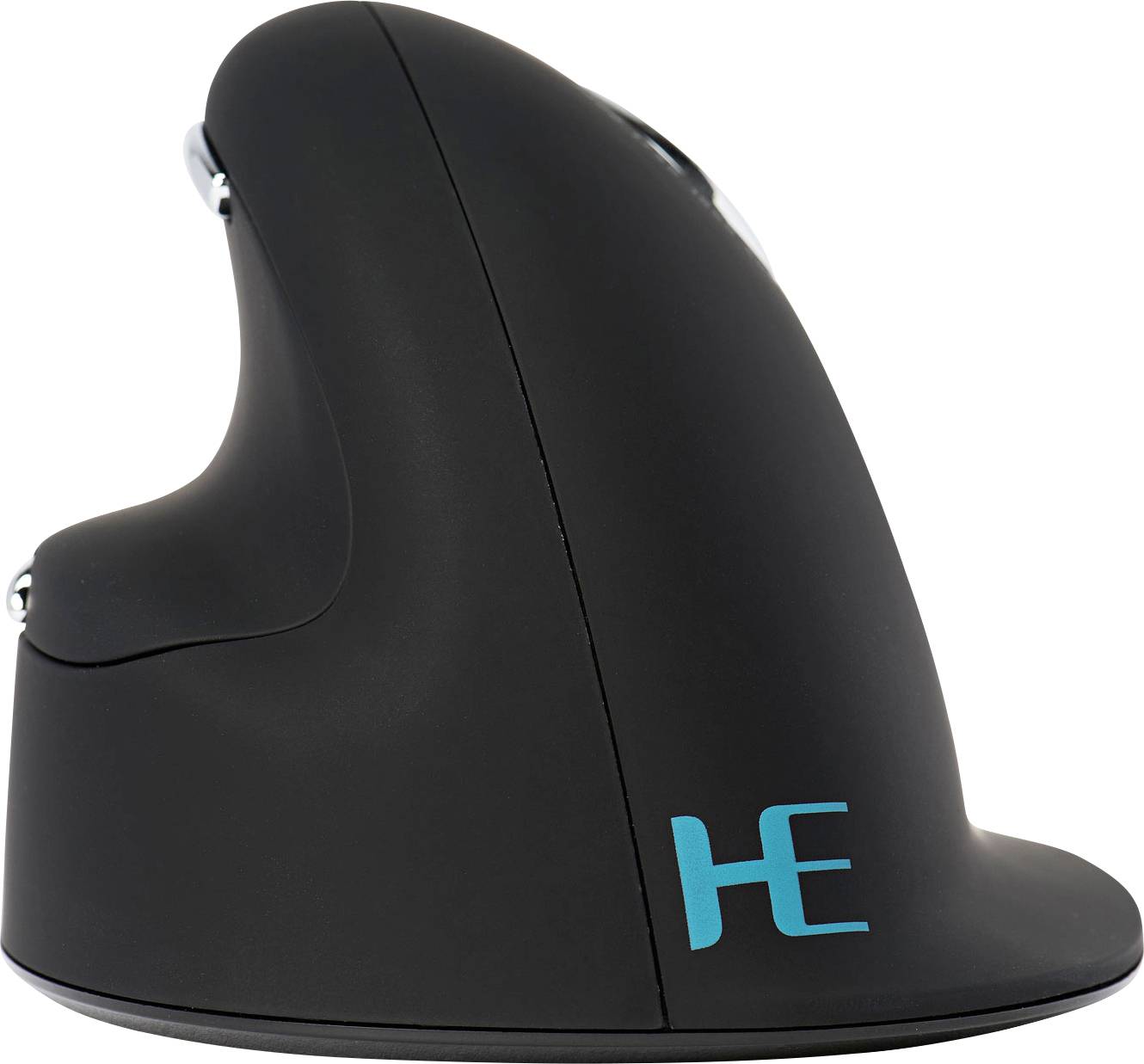 Ergonomische vertikale Computermaus in Schwarz mit blauer Aufschrift 'HE' an der Seite. Optimiert für Handgelenkkomfort.