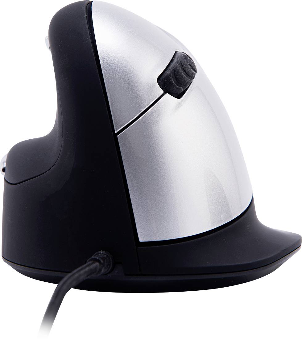 Ergonomische Maus mit vertikalem Design, schwarzem Sockel und silberner Oberfläche, verbindet per Kabel.