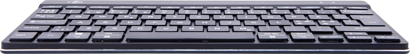 Eine schwarze, kompakte Computer-Tastatur mit flachen Tasten, ideal für platzsparende Arbeitsplätze.
