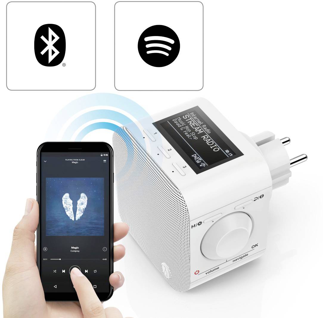 Hama DIR45BT Internet Steckdosenradio Internet, DAB+, DAB, UKW Bluetooth®, USB, WLAN, AUX, Internetradio  Weckfunktion W-6
