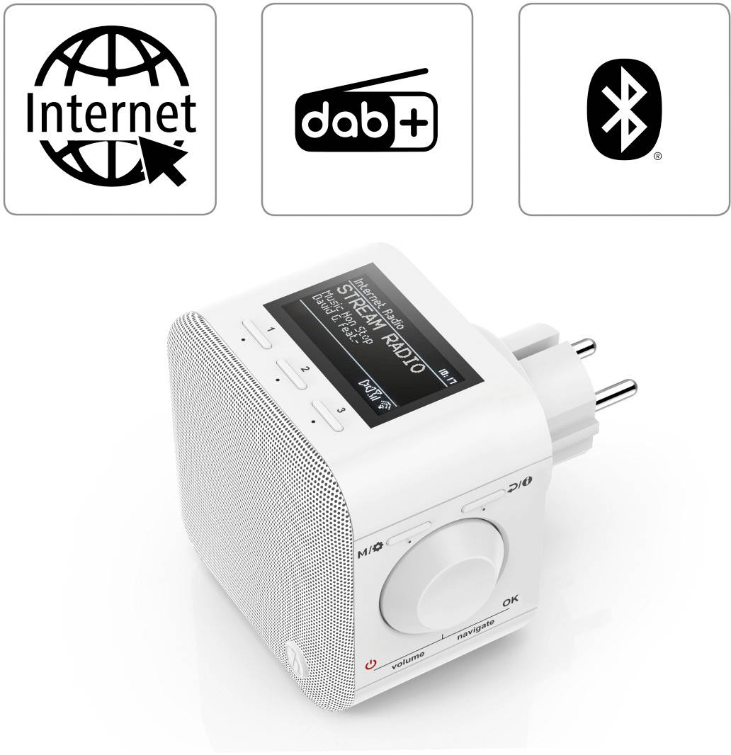 Hama DIR45BT Internet Steckdosenradio Internet, DAB+, DAB, UKW Bluetooth®, USB, WLAN, AUX, Internetradio  Weckfunktion W-8