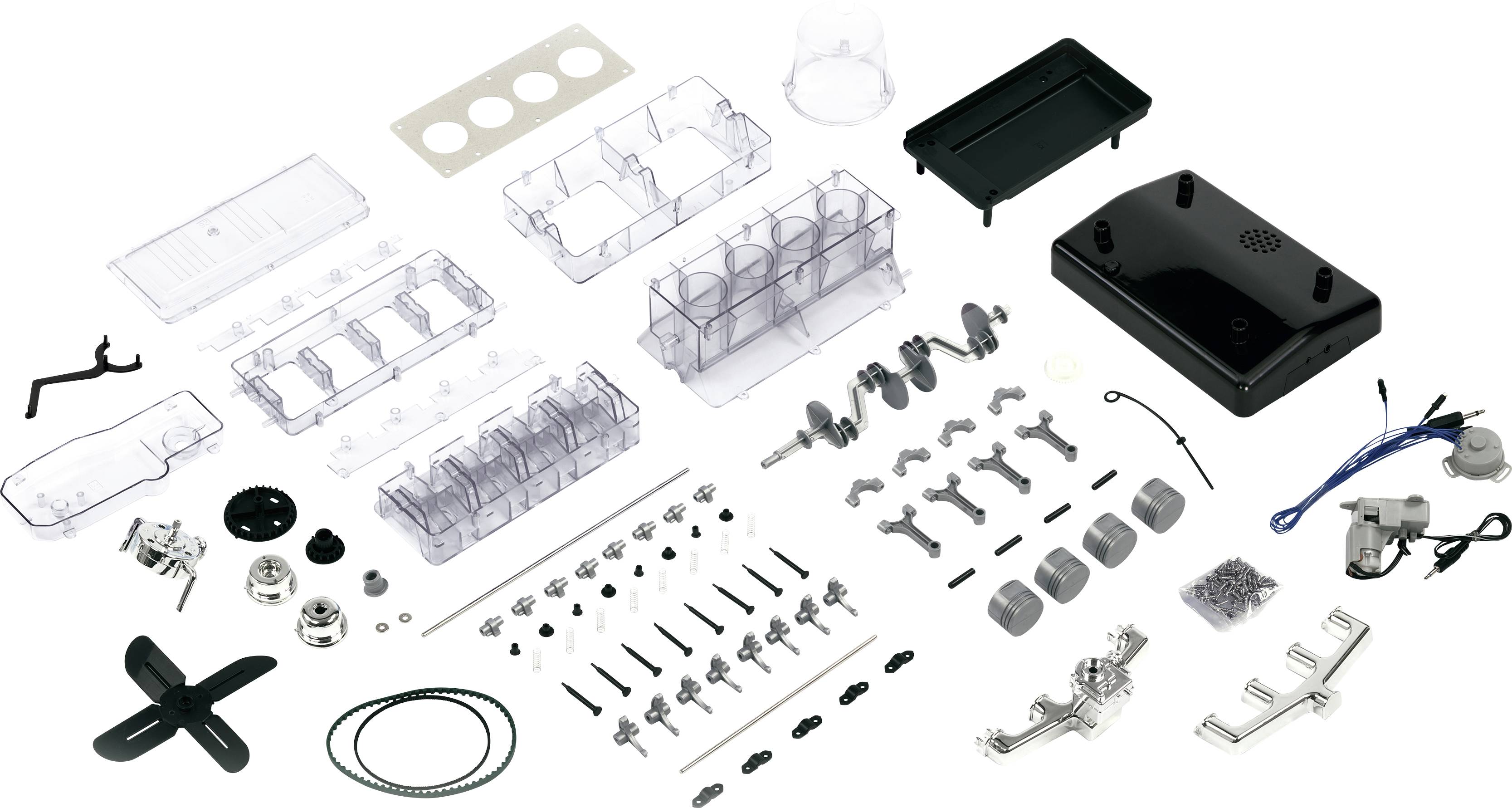 Einzelteile eines Robotik-Bausatzes, darunter Gehäuse, Zahnräder, Motoren und Verbindungselemente, zur Eigenmontage auf einem Tisch ausgelegt.