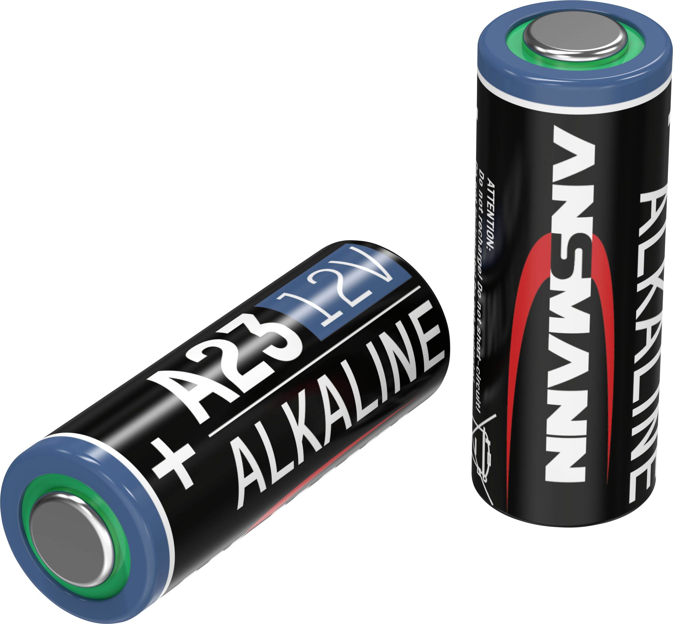 Zwei schwarze Alkalibatterien, eine liegend und eine stehend, mit der Aufschrift 'A23 12V', Markenname 'Ansmann' erkennbar.