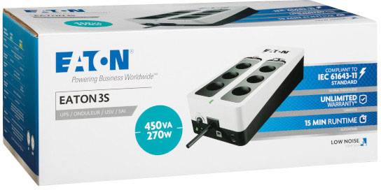 Karton einer Eaton 3S USV-Anlage mit 450VA/270W. Zeigt Produktbild, Spezifikationen wie 15 Minuten Laufzeit, leiser Betrieb, unbegrenzte Garantie.