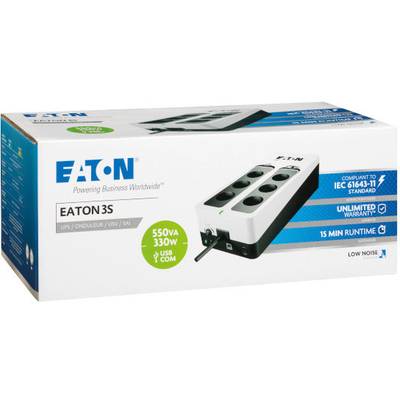 'Produktverpackung einer Eaton 3S UPS; bietet 550 VA, 330 W mit USB-Anschluss, 15 Minuten Laufzeit. Hervorhebung: geräuscharm, unlimitierte Garantie.'