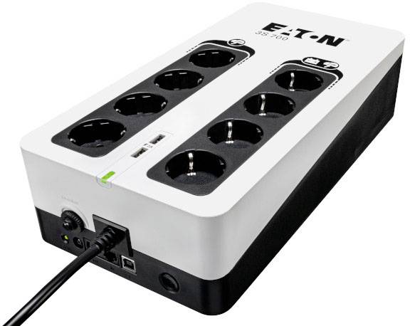 Weiße USV mit sechs Steckdosen und zwei USB-Anschlüssen, geeignet als Backup für Computer und Elektronikgeräte bei Stromausfall.